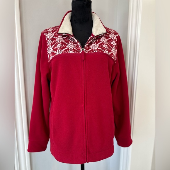L.L. Bean Nordic Fleece Zip Up Jacket Women Size Large Snowflake ❄️ Red - Picture 2 of 12